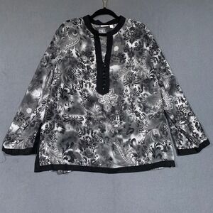Apt‎ 9 Womens 2X Black Gray Floral Print Long Sleeve Button Tunic Top Blouse